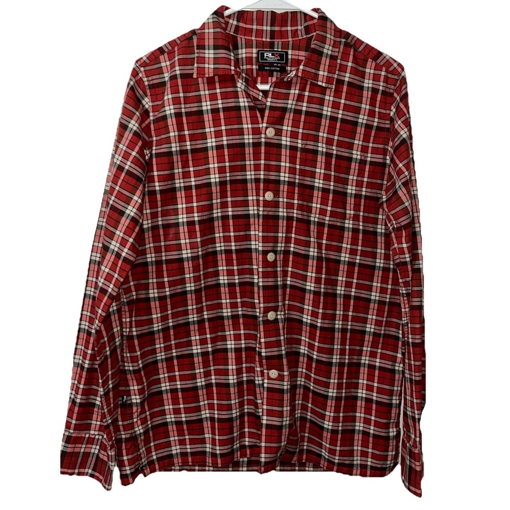Women's RLX Polo Sport Plaid Shirt M Red White 100% Cotton Long Sleeve
